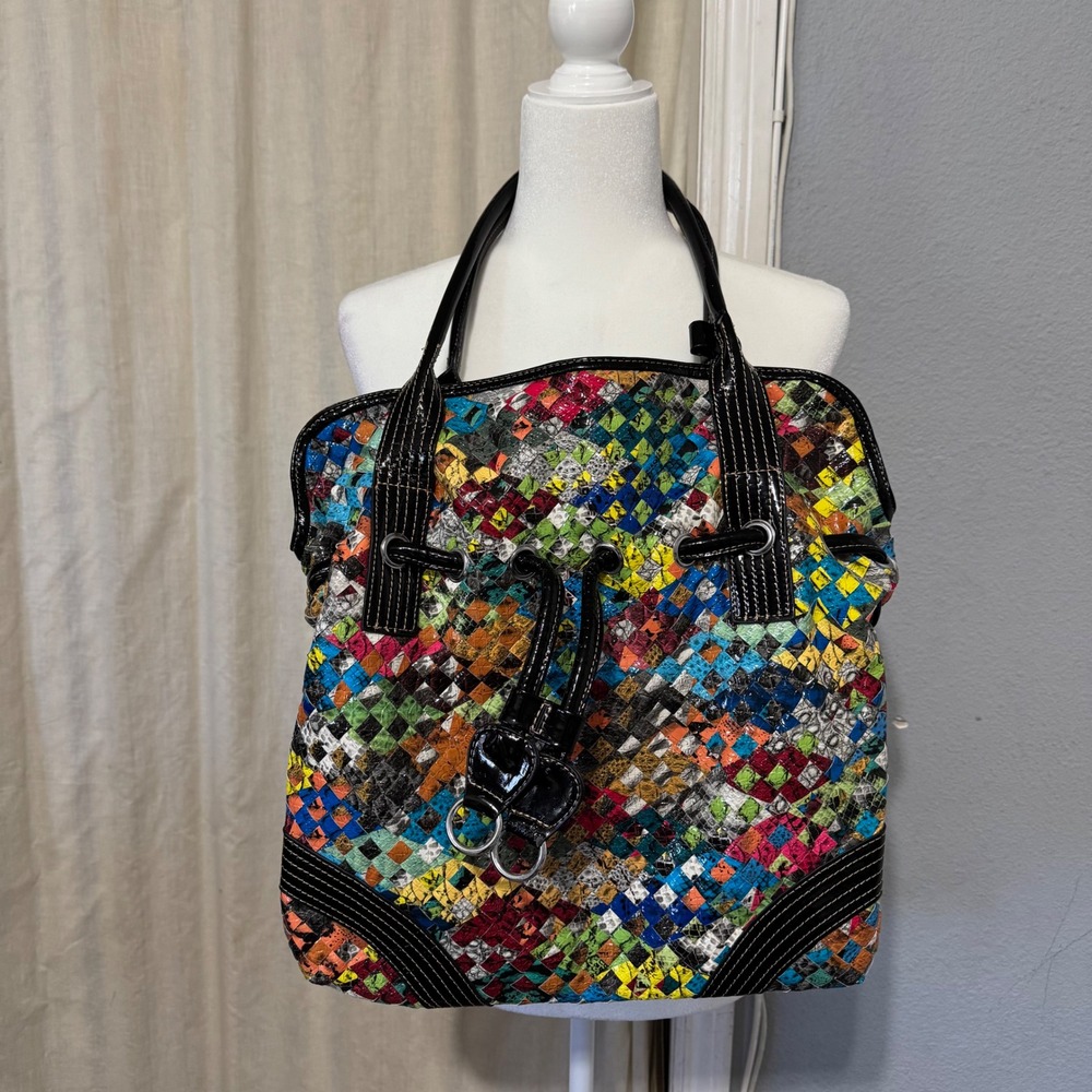 Rare Artsy Colorful Woven Shoulder Bag Tote Shiny Patent Drawstring Closure